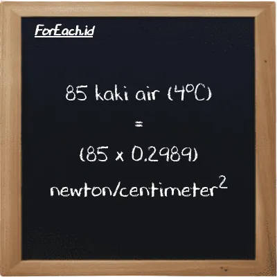Cara konversi kaki air (4<sup>o</sup>C) ke newton/centimeter<sup>2</sup> (ftH2O ke N/cm<sup>2</sup>): 85 kaki air (4<sup>o</sup>C) (ftH2O) setara dengan 85 dikalikan dengan 0.2989 newton/centimeter<sup>2</sup> (N/cm<sup>2</sup>)